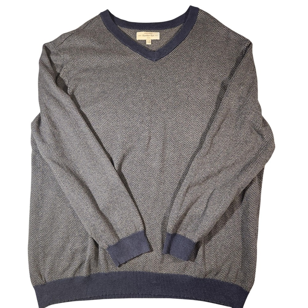 Hawker Rye Sweater Mens 2XL Cotton Cashmere‎ PulloverNavy Herringbone V Neck
